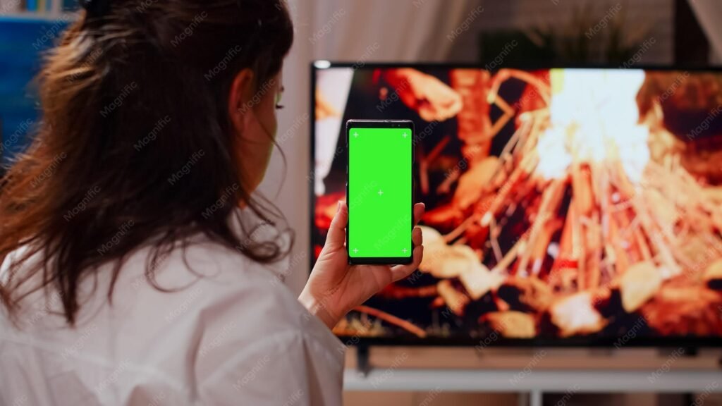 A person holding a smartphone in front of a television set in a living room