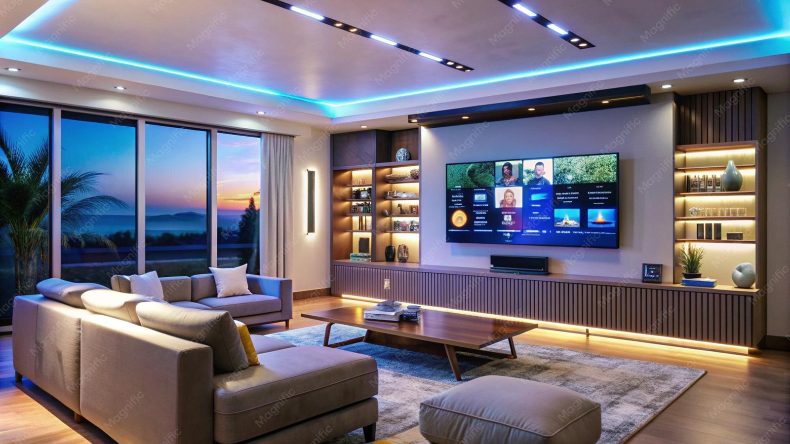 Modern living room with a large television and LED lighting