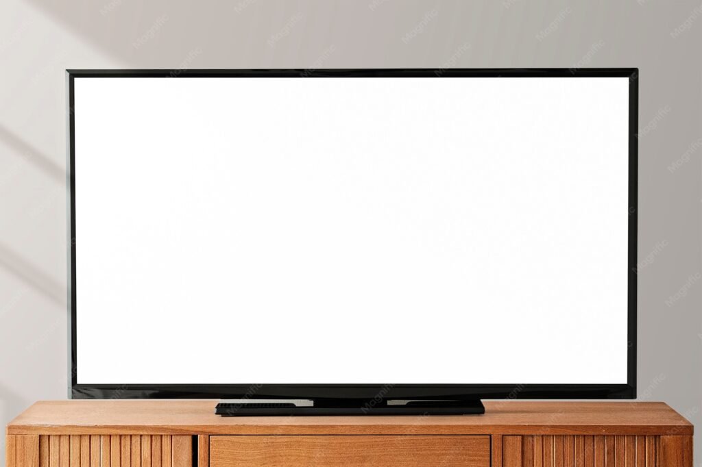 Modern smart TV screen standing on a wooden table