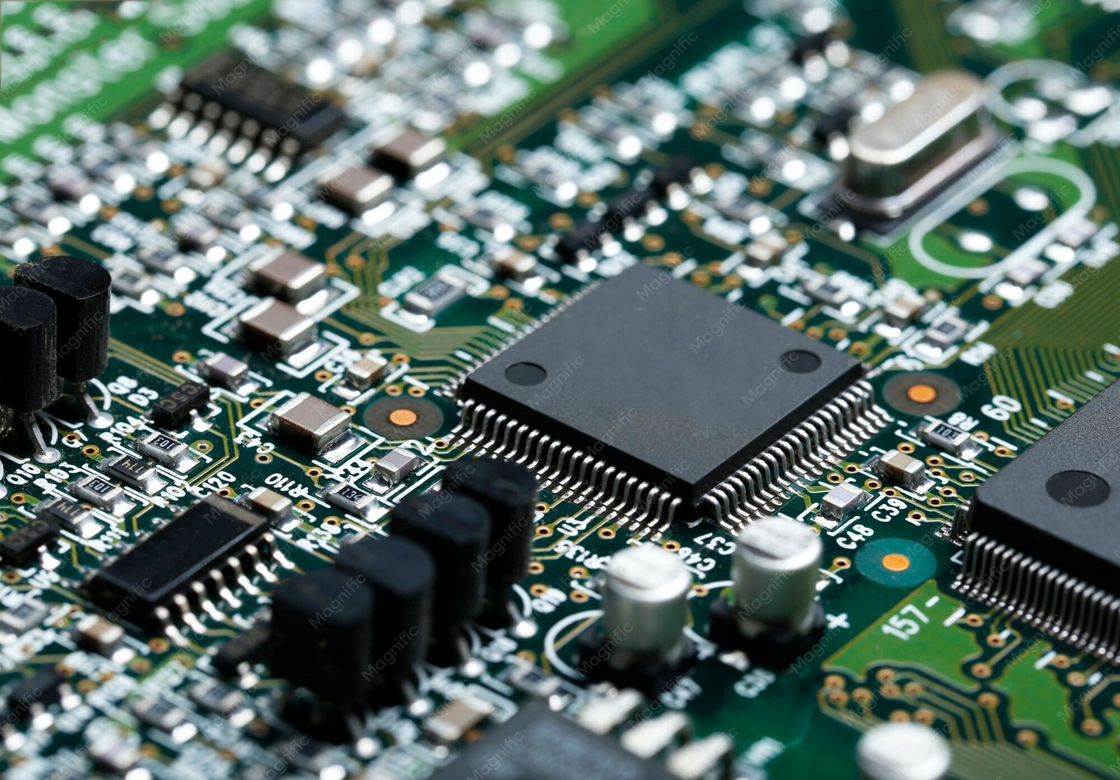 Close-up of a green circuit board with chips and electronic components