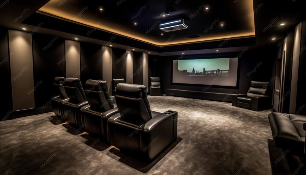 Luxury home cinema room with modern design and ambient lighting