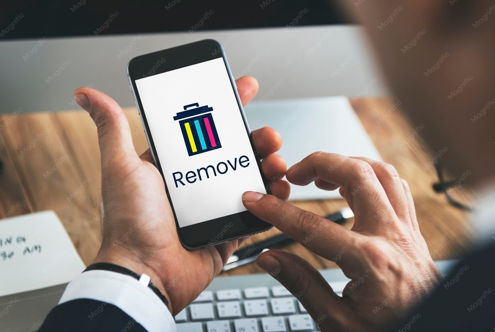 Illustration of deleting an app with a delete and trash bin icon
